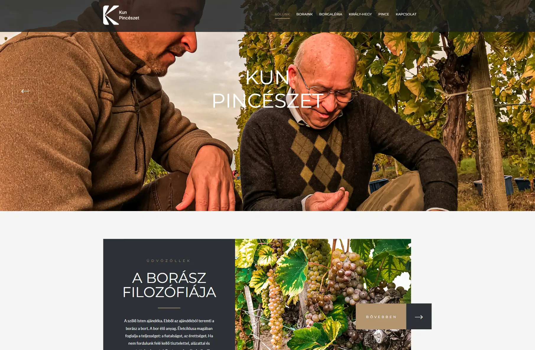A Kun Pincészet weboldalának nyitóképernyője
