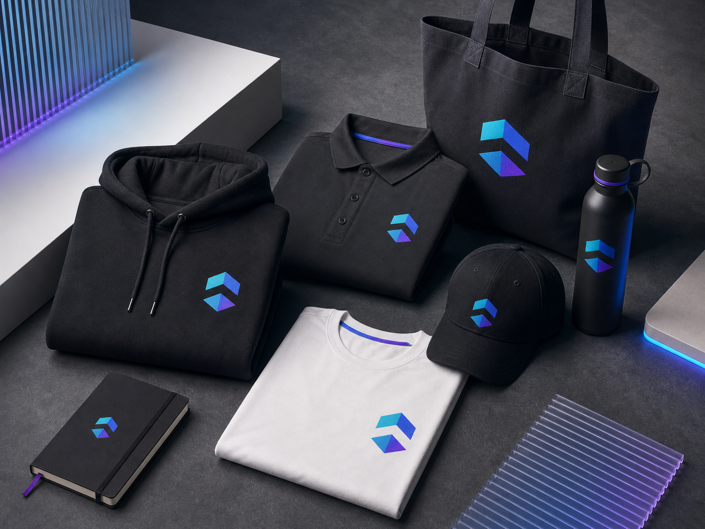Egységes emblémázással készült logózott ruházati és merchandise koncepció
