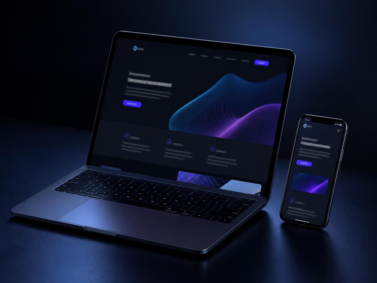 Laptop és mobil egy modern, sötét vállalkozói weboldallal