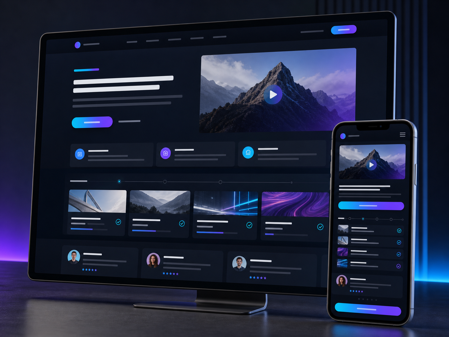 Online kurzus reszponzív landing oldalának asztali és mobil koncepciója