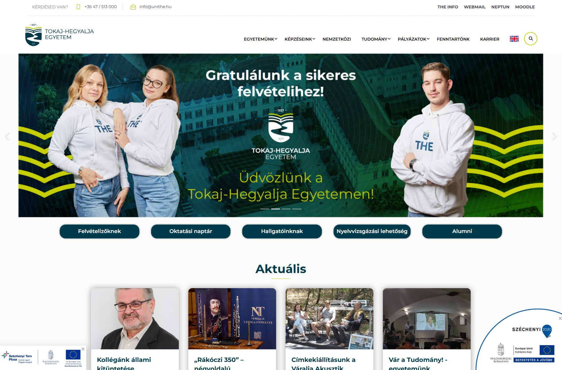 A Tokaj-Hegyalja Egyetem weboldalának nyitóképernyője